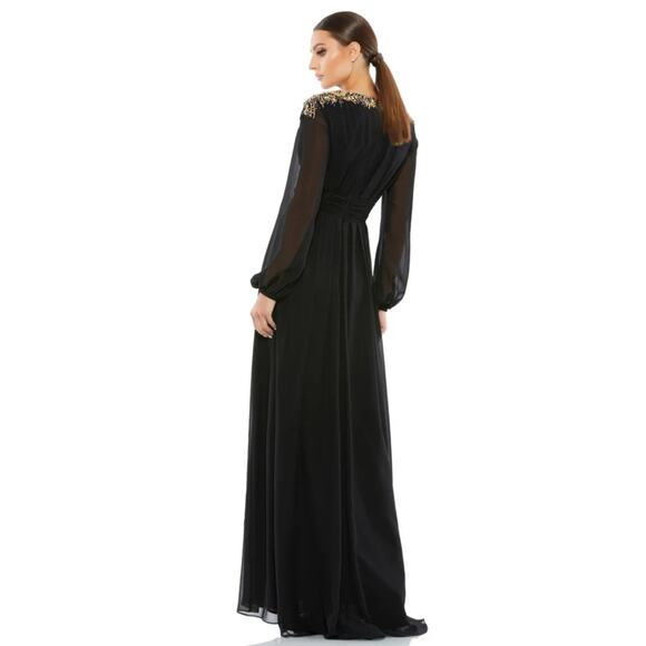 NEW Ieena For Mac Duggal Black Embellished Bead Shoulder Blouson Sleeve Gown - Picture 3 of 14